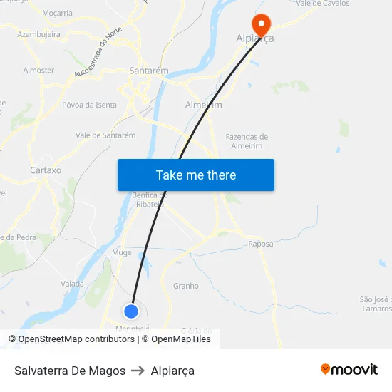 Salvaterra De Magos to Alpiarça map