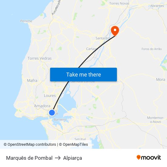 Marquês de Pombal to Alpiarça map