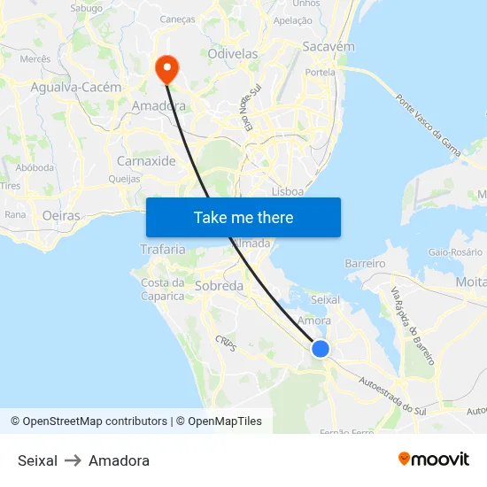 Seixal to Amadora map