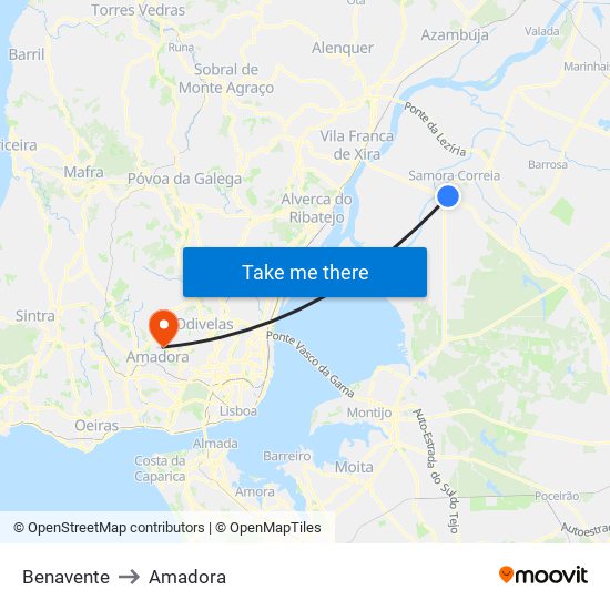 Benavente to Amadora map