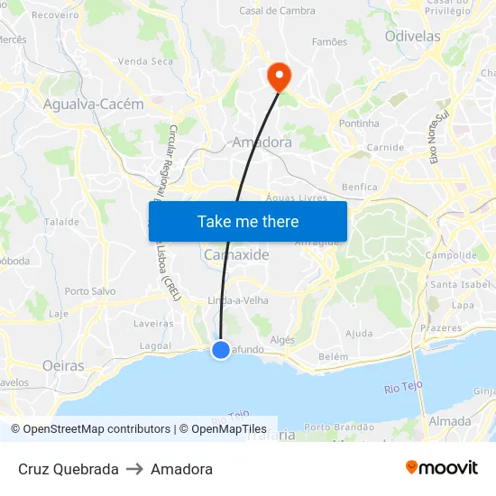 Cruz Quebrada to Amadora map