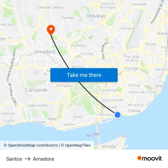 Santos to Amadora map
