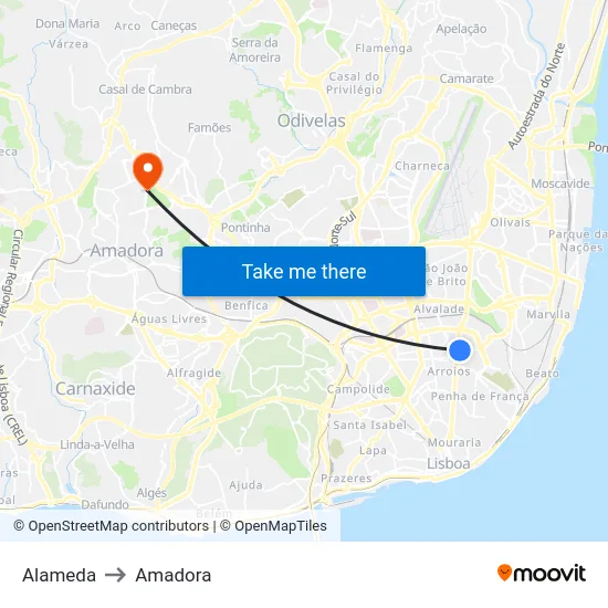 Alameda to Amadora map