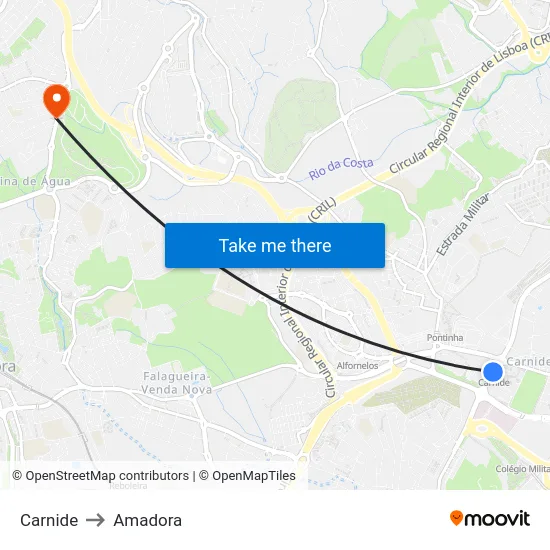 Carnide to Amadora map