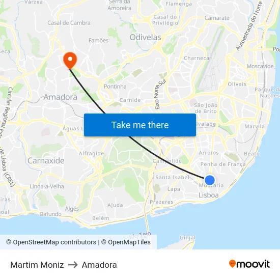 Martim Moniz to Amadora map