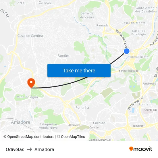 Odivelas to Amadora map