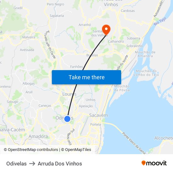Odivelas to Arruda Dos Vinhos map