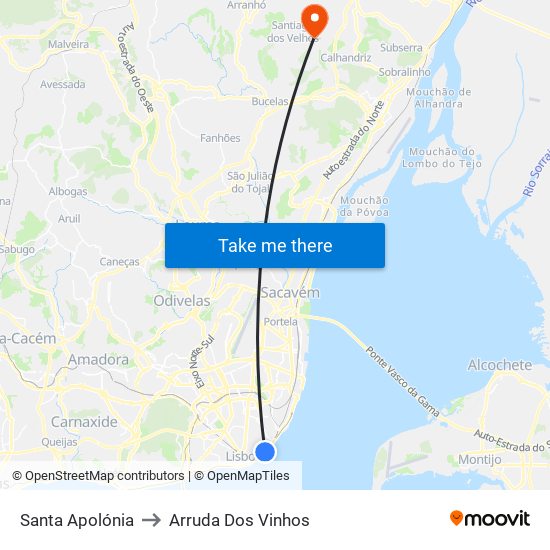 Santa Apolónia to Arruda Dos Vinhos map