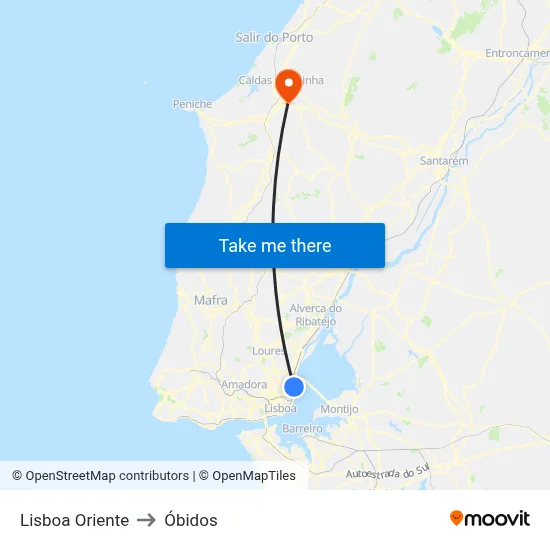 Lisboa Oriente to Óbidos map