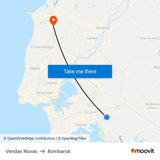 Vendas Novas to Bombarral map