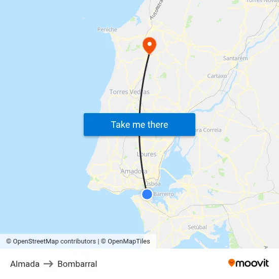 Almada to Bombarral map