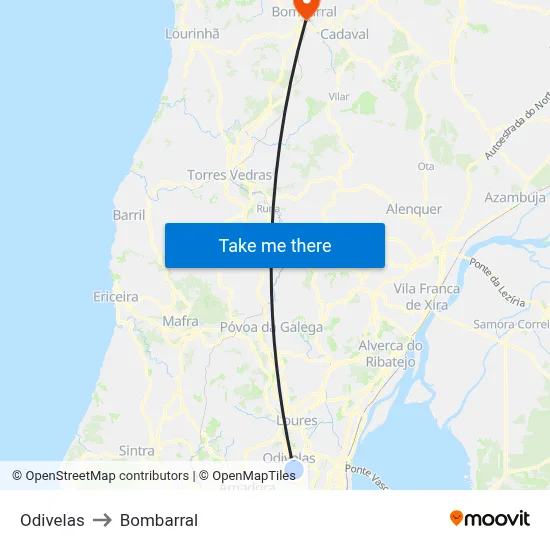Odivelas to Bombarral map