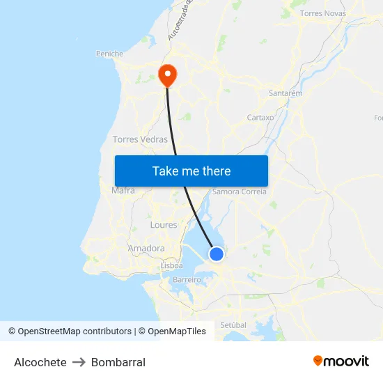 Alcochete to Bombarral map