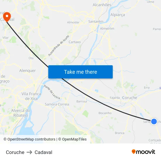 Coruche to Cadaval map