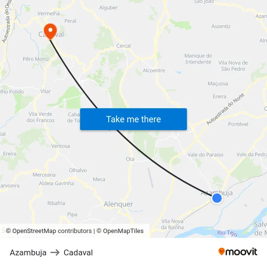 Azambuja to Cadaval map