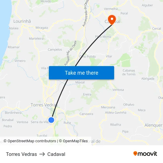 Torres Vedras to Cadaval map