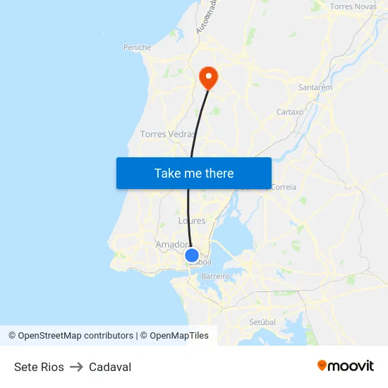 Sete Rios to Cadaval map