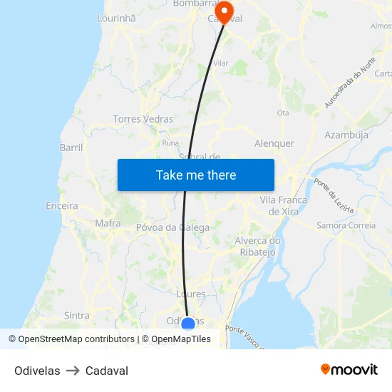 Odivelas to Cadaval map