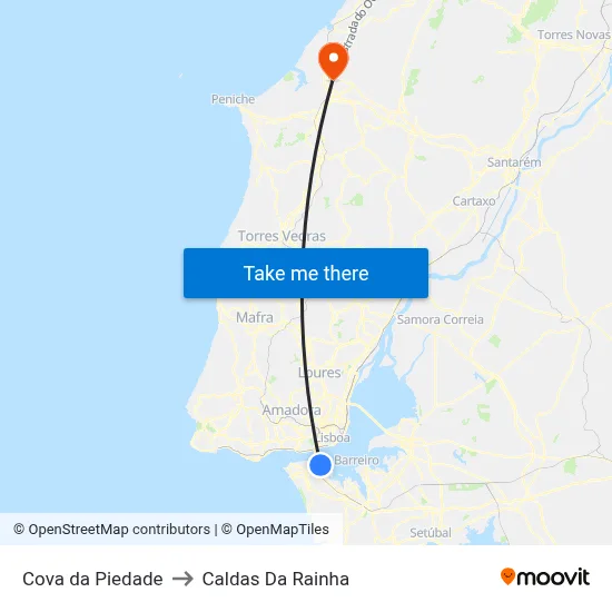 Cova da Piedade to Caldas Da Rainha map