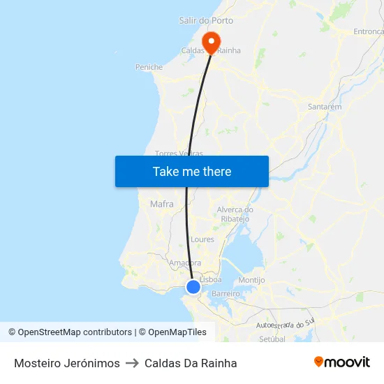Mosteiro Jerónimos to Caldas Da Rainha map