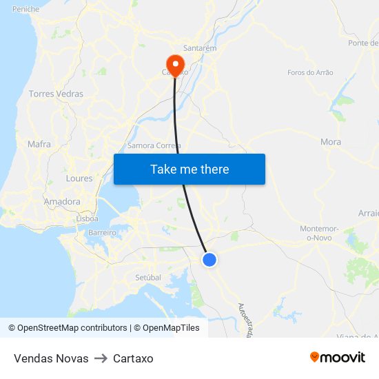 Vendas Novas to Cartaxo map
