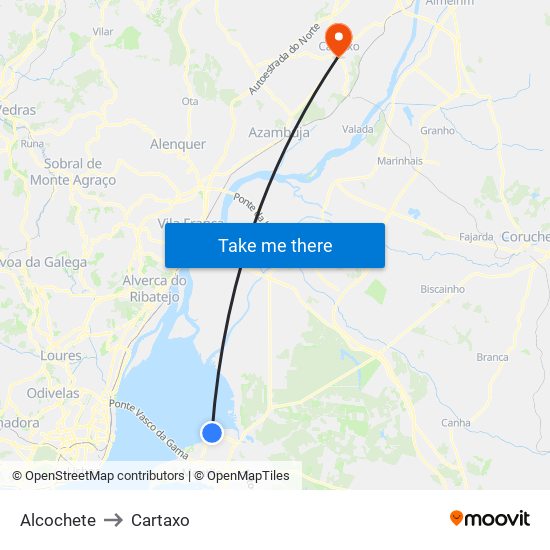 Alcochete to Cartaxo map