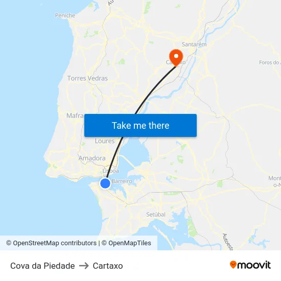 Cova da Piedade to Cartaxo map