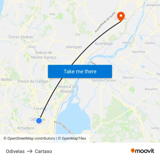 Odivelas to Cartaxo map