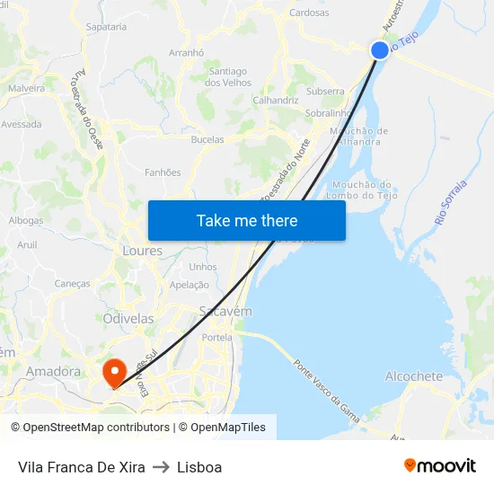 Vila Franca De Xira to Lisboa map