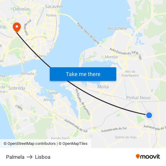 Palmela to Lisboa map