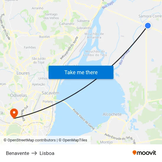 Benavente to Lisboa map