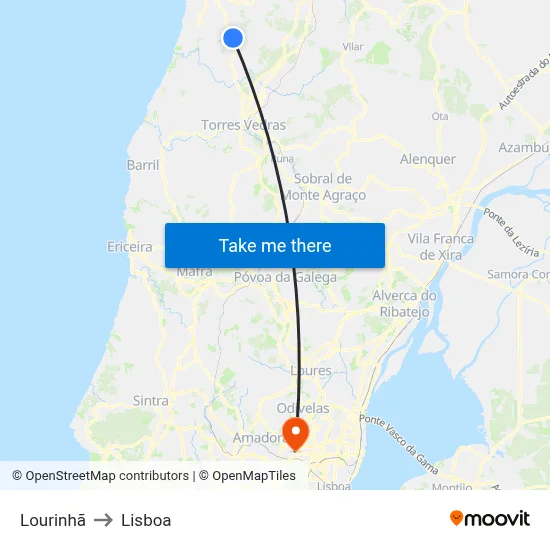 Lourinhã to Lisboa map