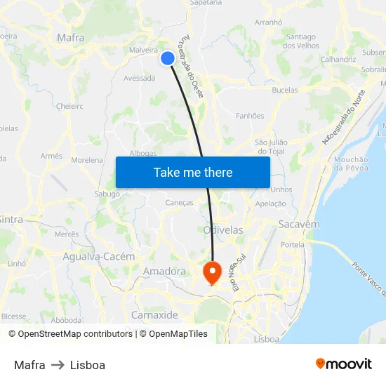 Mafra to Lisboa map