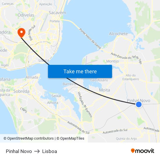 Pinhal Novo to Lisboa map