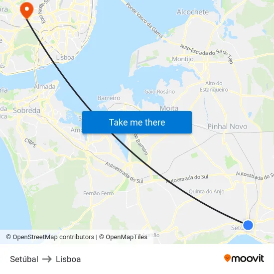 Setúbal to Lisboa map