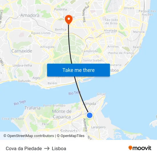 Cova da Piedade to Lisboa map
