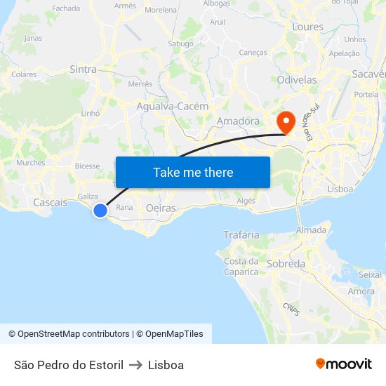 São Pedro do Estoril to Lisboa map