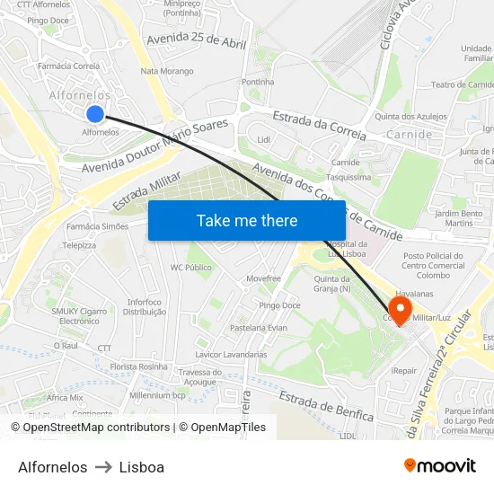 Alfornelos to Lisboa map