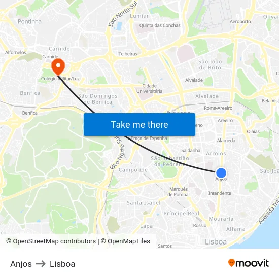 Anjos to Lisboa map