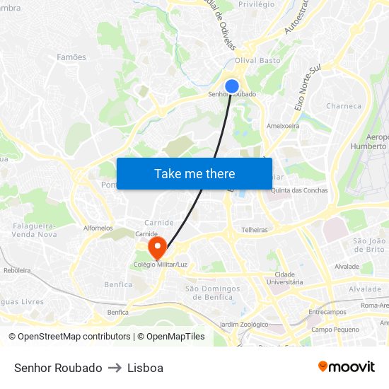 Senhor Roubado to Lisboa map