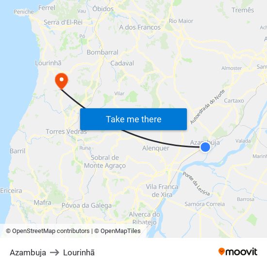 Azambuja to Lourinhã map