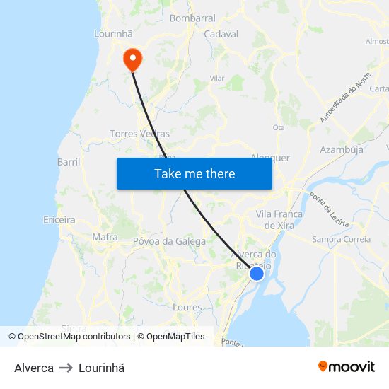 Alverca to Lourinhã map