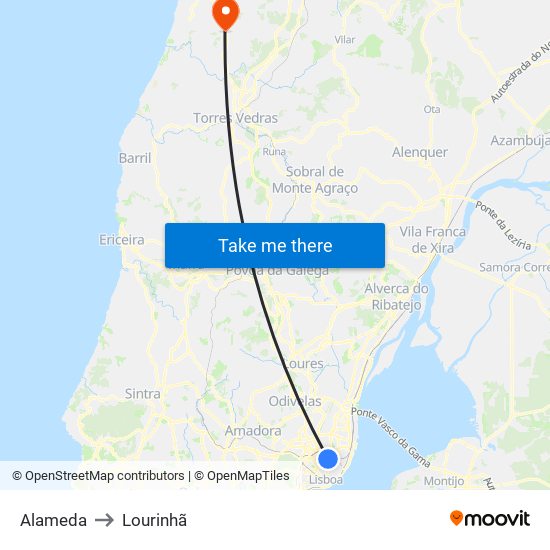 Alameda to Lourinhã map