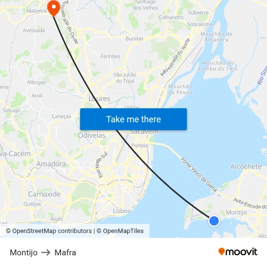 Montijo to Mafra map