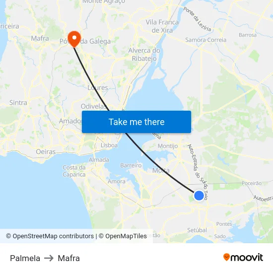 Palmela to Mafra map