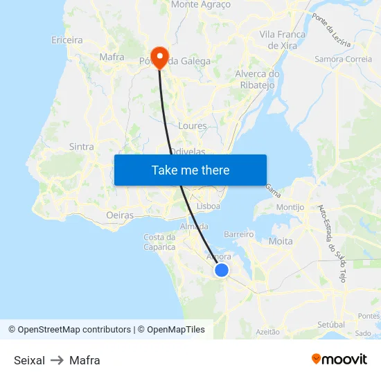 Seixal to Mafra map