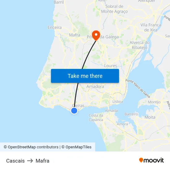 Cascais to Mafra map