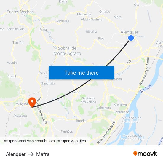 Alenquer to Mafra map