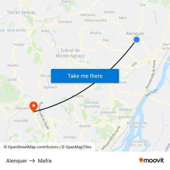 Alenquer to Mafra map
