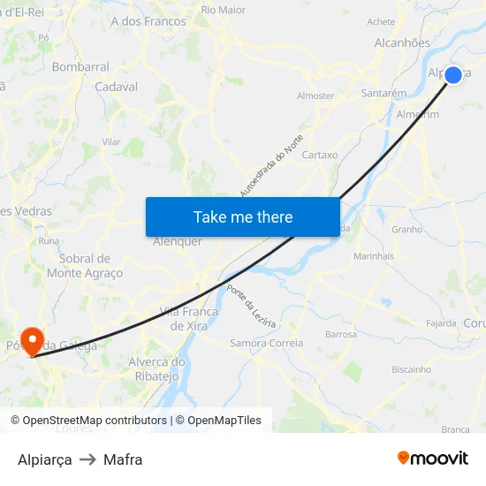 Alpiarça to Mafra map